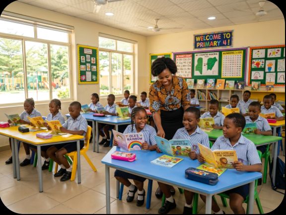 School children inside the modern classrooms